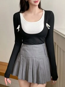 DAZY Women's 2 In 1 Contrast Color Patchwork Bow Accent Slim Fit Long Sleeve Crew Neck T-Shirt - Black - View 7