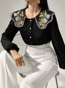 Modelyn Áo sơ mi nữ tay dài cài nút thêu hoa thường ngày - màu đen - Xem 4