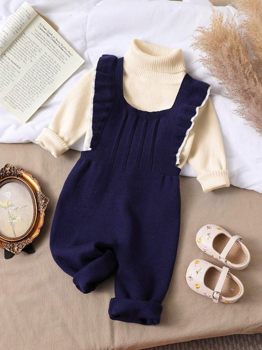 SHEIN Vintaside Kids 女嬰針織毛衣連身褲,藍色吊帶褲,保暖舒適休閒優雅套裝,適合日常、戶外、旅行,秋季穿著 - 藏蓝色 - 查看 1
