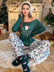 CoupledUp Santa Claus & Letter Print Ruffle Trim Crew Neck Long Sleeve Top & Pants Pajama Set, Women Christmas Clothes, For Fall