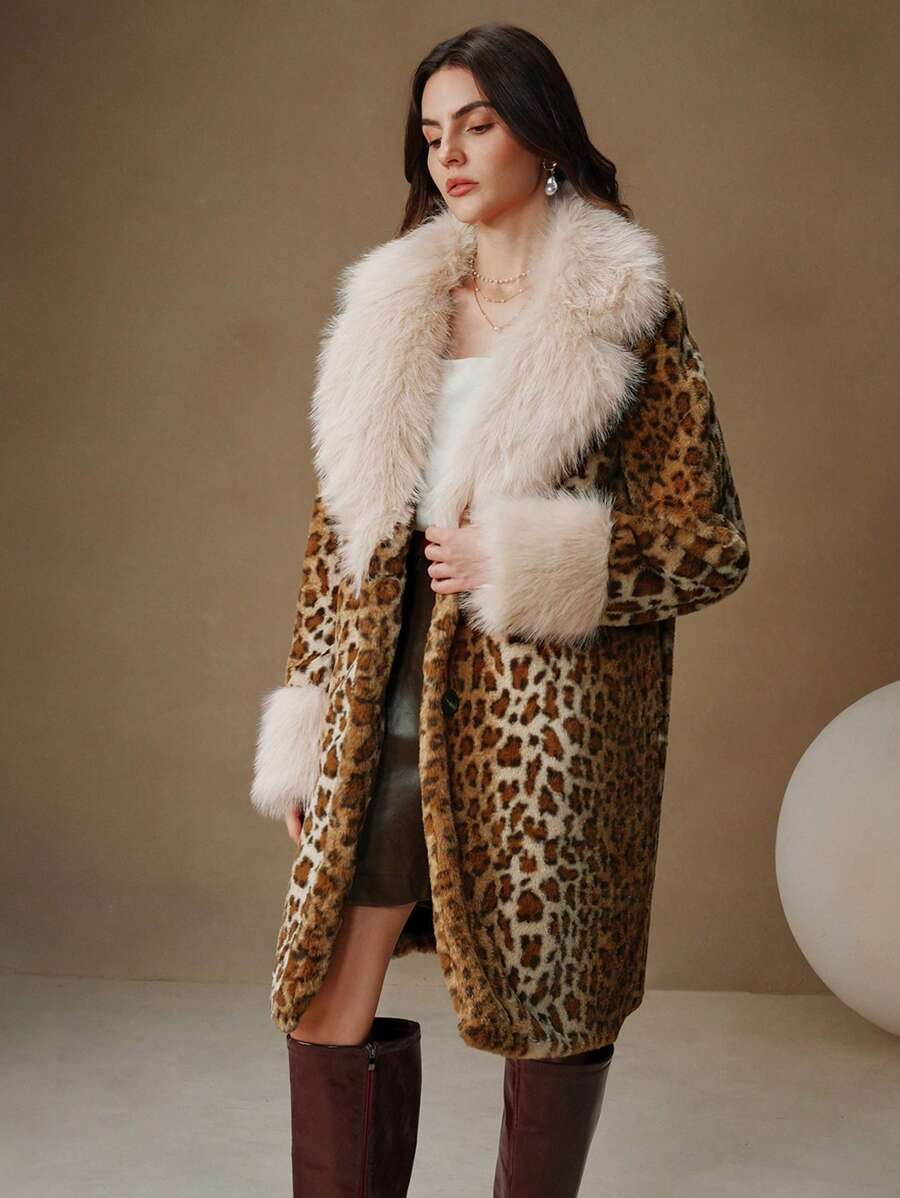 Anewsta 蓬松豹纹蓬松边饰 A 字腰长款女士外套