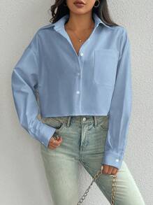 Pariaura Áo sơ mi tay dài in hoa ngẫu nhiên có cổ và túi ngực, áo dài tay - Màu xanh lam - Xem 3