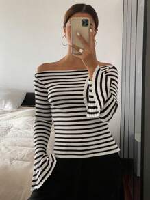 DAZY Blusa de punto con hombros descubiertos a rayas, suéter de otoño para mujer con parte superior de hombros descubiertos - Negro - Ver 1