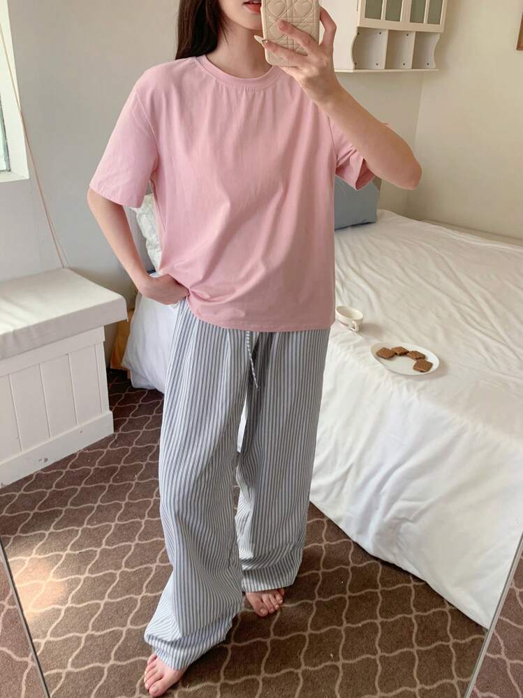 DAZY 2pcs Minimalist Stripe Shirt And Pajama Pants Homewear Set - Multicolor - View 3