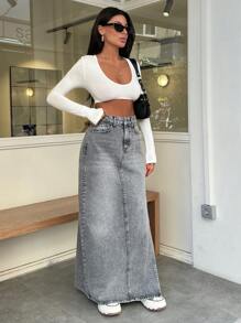RueChic MAXI DENIM SKIRT SLIT DETAIL GREY - Grey - View 6