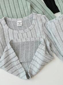 SHEIN LMoss Kids LMoss 3-4 件套女婴冬季休闲罗纹针织喇叭裤套装，适合户外、派对和场合 - 灰色 - 查看 4