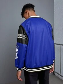 SHEIN 青少年男童休闲拼接撞色棒球夹克，赛车标志印花长袖罗纹腰带运动外套 - 寶藍色 - 查看 10