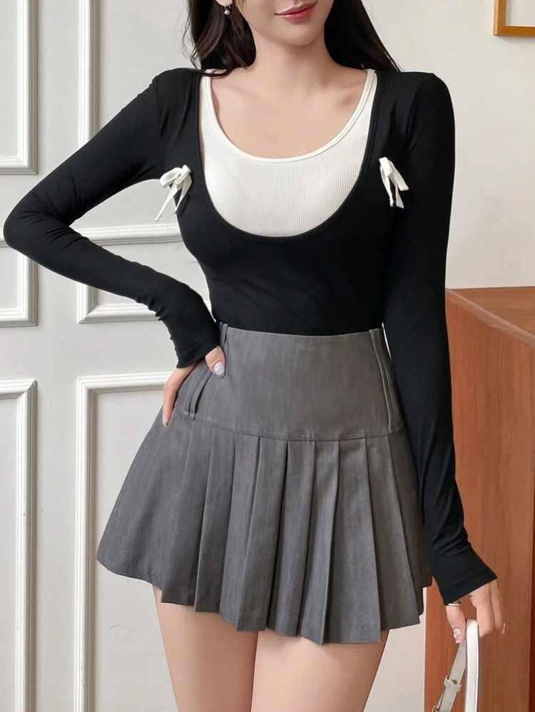 Women's 2 In 1 Contrast Color Patchwork Bow Accent Slim Fit Long Sleeve Crew Neck T-Shirt
