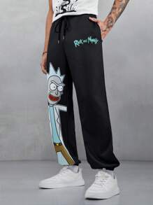 Rick and Morty X SHEIN Pantalones deportivos casuales para hombre con estampado de personaje de dibujos animados y letra, cintura con cordón, bolsillos laterales - Negro - Ver 7