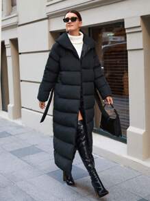 EURMUSE Oversize Belt Detailed Winter Coat - Black - View 6