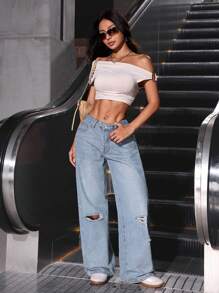 SHEIN PETITE Women's Loose Straight Leg Ripped Pocket Denim Jeans, Casual & Versatile - Light Wash - View 4