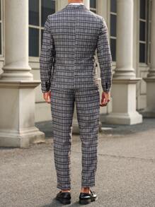 Manfinity Mode Men's Spring & Autumn Plaid Lapel Neck Long Sleeve Jacket & Pants Business Suit - Dark Grey - View 2