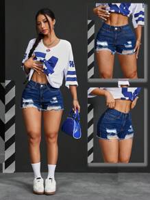 SHEIN PETITE 正面纽扣、多个口袋、简单做旧、磨损下摆牛仔短裤、休闲日常穿着 - 深色水洗藍 - 查看 1