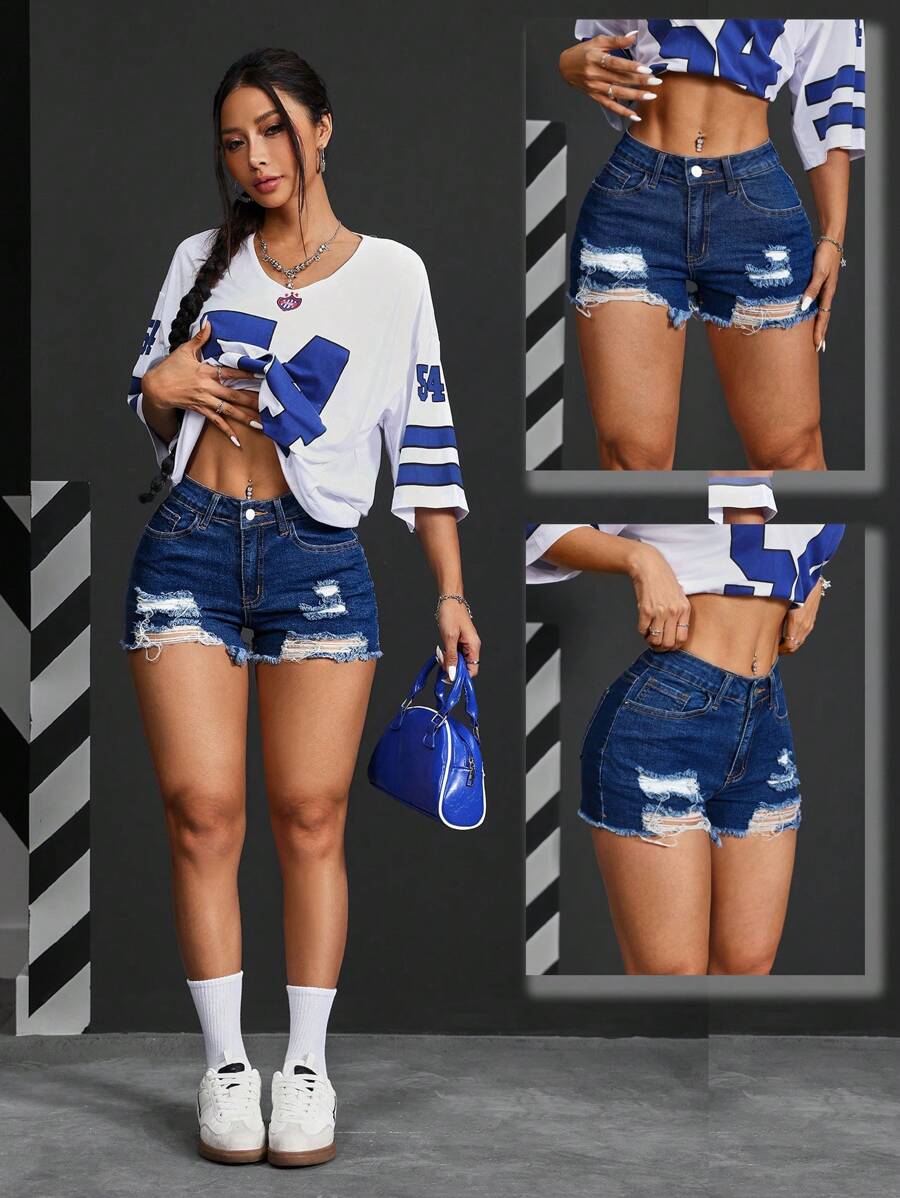 SHEIN PETITE 正面纽扣、多个口袋、简单做旧、磨损下摆牛仔短裤、休闲日常穿着 - 深色水洗藍 - 查看 1