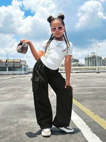 SHEIN Girlism Tween Girl Ribbed Ruched Short Sleeve Tee With Patch Pocket Casual Pants 2-Piece Set - Black - View 6