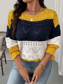 Calvaya Maglione lavorato a maglia con motivo geometrico traforato e blocchi di colore, casual per primavera e autunno, taglie comode