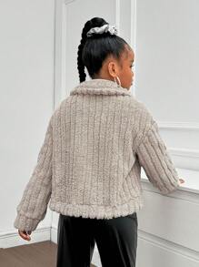 SHEIN 秋冬季 Tween Girl 双面纯色领口长袖夹克 - 駝色 - 查看 2