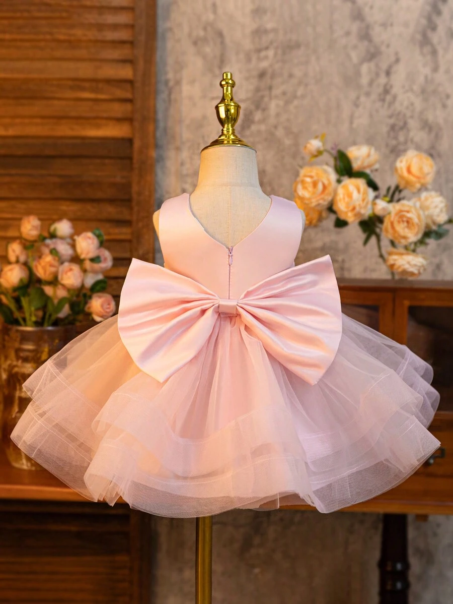 Glamorique Kids Flower Girl, Baby Girl Princess Dress, Bow, Pink Dress, Double Layered Shaping Mesh Dress With Hem, Pink Pearl, Making People Confident And Proud, Suitable For Formal Occasions, Vacation, Partywear ,Valentine's Day,Birthday Dress, New Year's Day, Birthday Party, Wedding Festival Dress, Gorgeous Dress, Middle East, Europe And America - Pink - View 1
