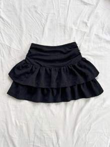 Soleia Women High Waist Multi-Layered Ruched Solid Color Skirt