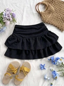 Soleia Women High Waist Multi-Layered Ruched Solid Color Skirt
