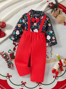 2pcs Baby Boy Santa Claus & Gingerbread Man Christmas Print Long Sleeve Shirt & Red Suspender Pants Set, For Christmas Party Role Play