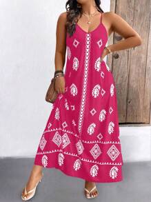 SHEIN LUNE 大码女式几何汉字印花宽松吊带长裙，夏季 - 玫紅色 - 查看 1