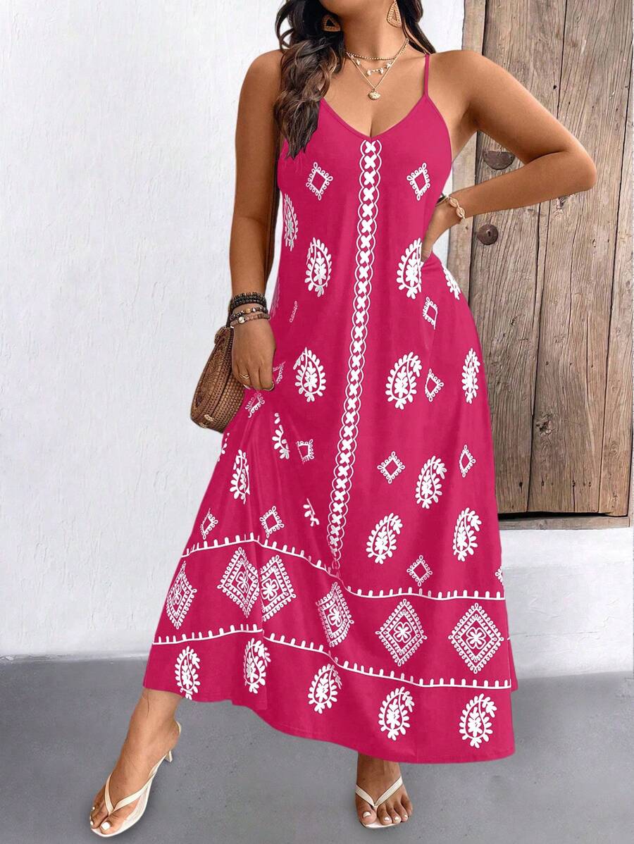 SHEIN LUNE 大码女式几何汉字印花宽松吊带长裙，夏季 - 玫紅色 - 查看 1