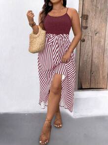 SHEIN LUNE Plus Size Casual Striped Patchwork Spaghetti Strap Dress - Burgundy - View 4