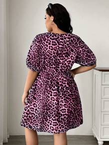 SHEIN EZwear 大码泡泡袖豹纹领结连衣裙 - 粉色 - 查看 2
