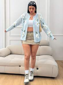 Flirla Áo len cardigan dài tay khoét lỗ họa tiết hoa cỡ lớn cho nữ, mùa thu/đông - Nhiều màu - Xem 3