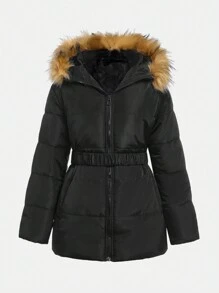 青少年女孩休闲收腰中长款 A 字形夹克，带毛领，适合青少年/年轻女孩，冬季 - 黑色 - 查看 1