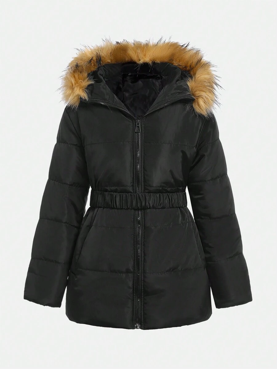 青少年女孩休闲收腰中长款 A 字形夹克，带毛领，适合青少年/年轻女孩，冬季 - 黑色 - 查看 1