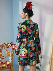 Frida Kahlo X SHEIN Fall And Winter Black Loose Plant & Figure Graphic Surrealism Dress, Fall - Black - View 8