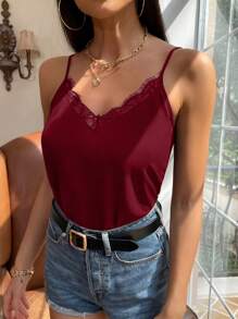 Serisse Viền Lace tương phản Cami ngọn - Màu Đỏ Sâu - Xem 4