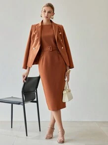 MOTF PREMIUM SOLID FLAP DETAIL BUCKLE BELTED MIDI DRESS