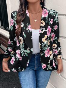 SHEIN LUNE Floral Print Knitted Plus Size Women's Spring Autumn Casual Long Sleeve Blazer Jacket