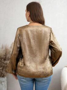 SHEIN LUNE Goudkleurige comfortabele stof voorpaneelontwerp Lange mouw Elastische manchet Plus-size shirt Winterkleding