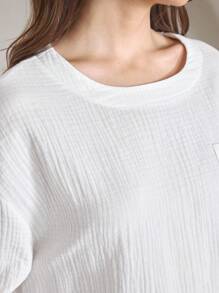 Ocili Leisure Women's Solid Color Drop Shoulder Long Sleeve Pocket Shirt And Pants Loungewear Set - White - View 3