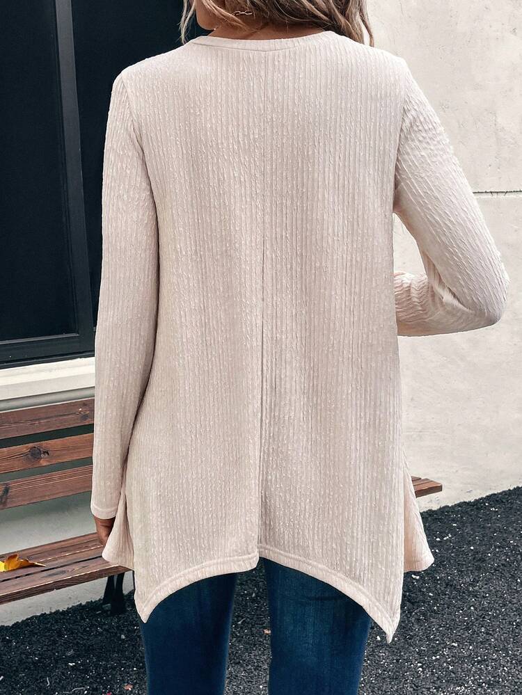 アシンメトリーヘム ロングスリーブ カジュアルTシャツ 無地テクスチャ