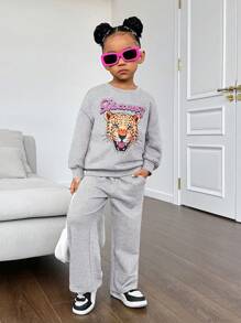 SHEIN Leap Crew 女童休闲针织印花卫衣裤套装（2件套），适合秋冬季节，灰色 - 灰色 - 查看 5