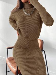 EURMUSE Solid High Neck Sweater & Knit Skirt - Brown - View 2