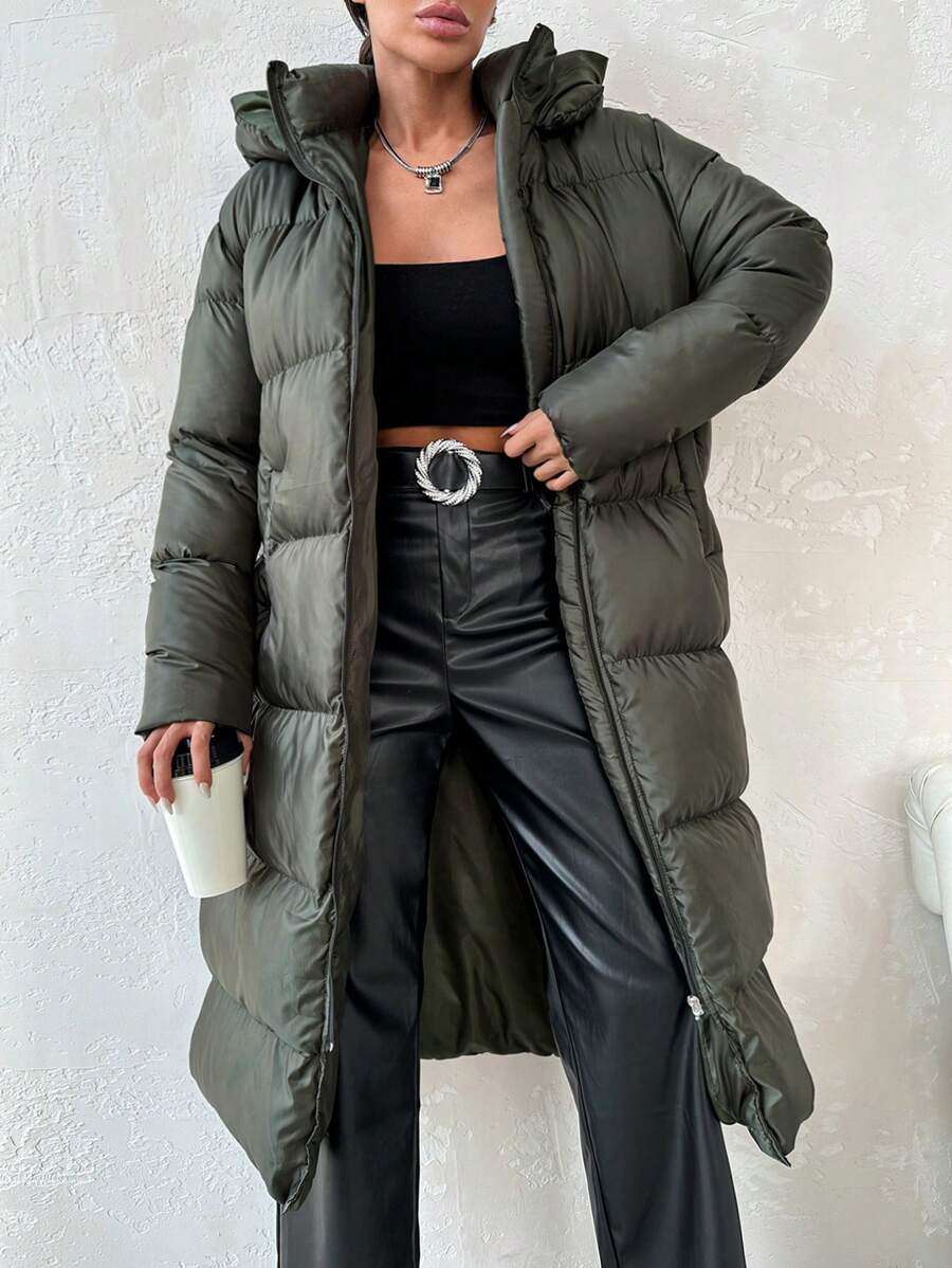 EURMUSE Women's Winter Long Hooded Coat - Dark Green - View 1