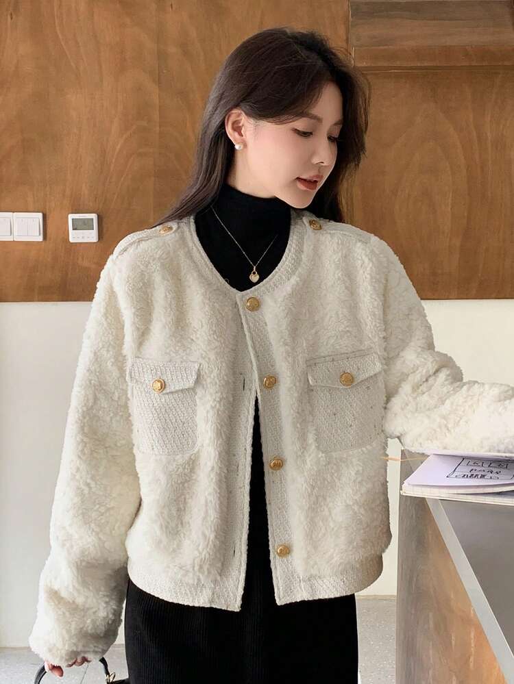 DAZY 女士纯色蓬松长袖单排扣休闲常规外套，秋冬季女装外套 - 白色 - 查看 4