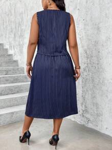 SHEIN Clasi Plus Size Women's Summer Striped Single-Breasted Vest And Midi Skirt Casual Suit