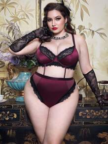 PinupPomp Conjunto de lencería sexy con tirantes finos, encaje y espalda descubierta para tallas grandes - Multicolor - Ver 4