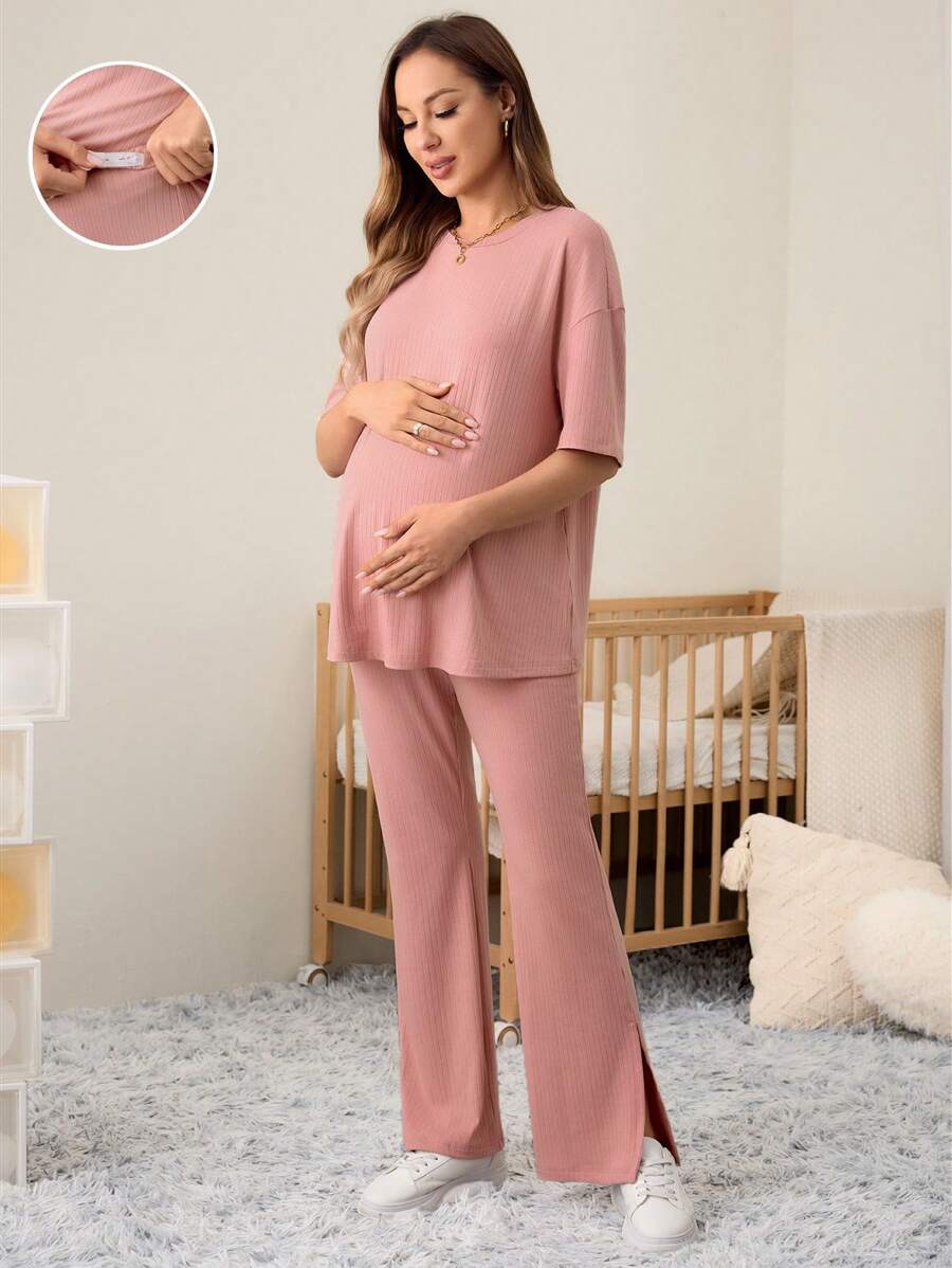 SHEIN 2pcs Maternity Elegant Commuting Elastic Waist Crew Neck Loose Fit Set - Pink - View 1