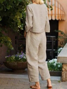 女士秋季新款流行纯色圆领长袖衬衫和口袋弹力裤休闲宽松通勤两件套春季优雅 - 杏色 - 查看 2