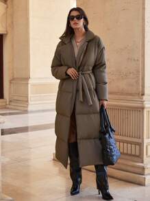 RueChic 女士纯色翻领长袖休闲宽松棉服外套，冬季 - 米色 - 查看 4