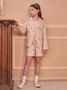 Tween Girl Collared Long Sleeve Vintage Formal Blazer, Vest And Casual Shorts 3pcs Set, Autumn/Winter