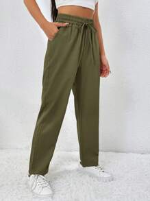 Muchica Quần dài lưng 3/4 màu trơn đơn giản có dây rút - màu xanh lá - Xem 5